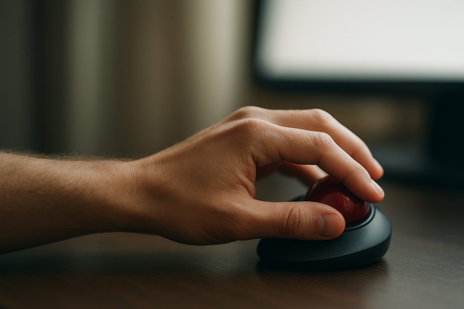 Conceptual illustration of a stationary arm beside a trackball and screen