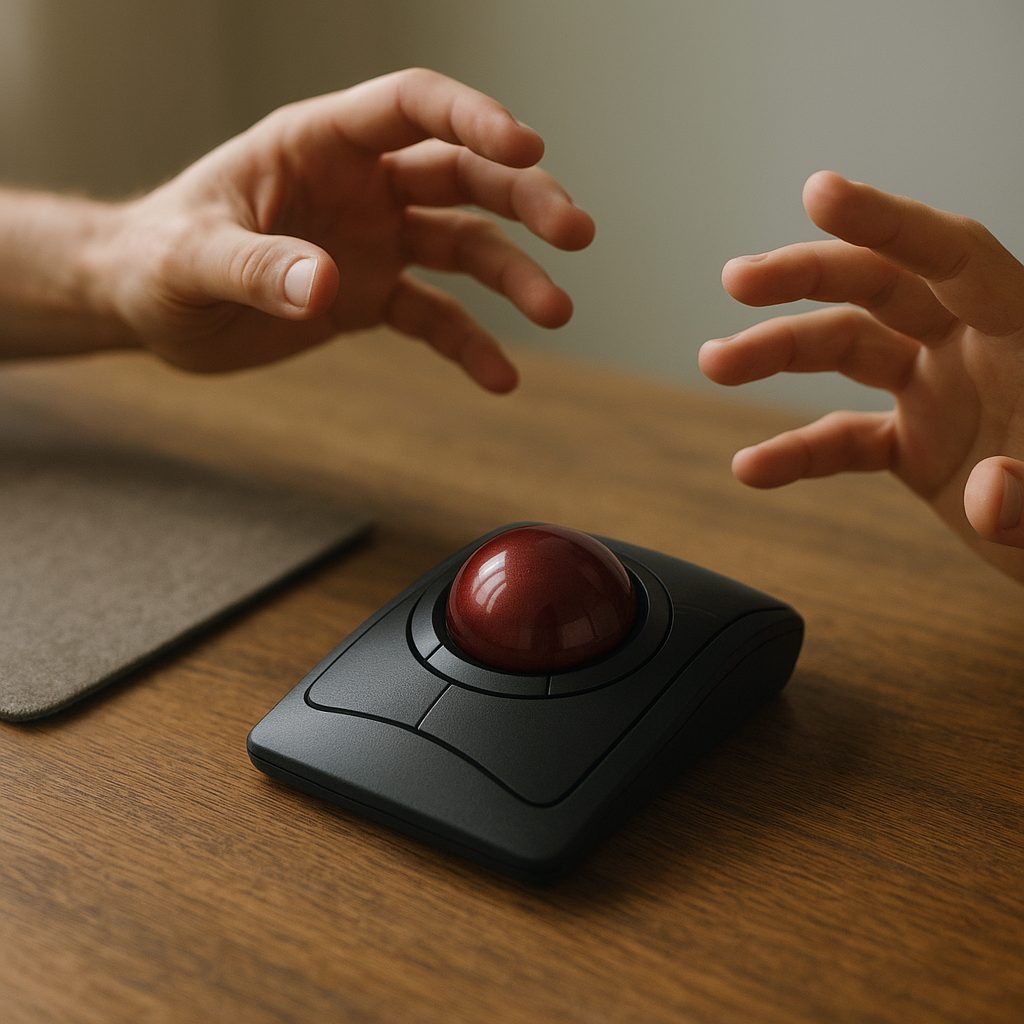 Conceptual illustration of a second user approaching a trackball on a shared desk