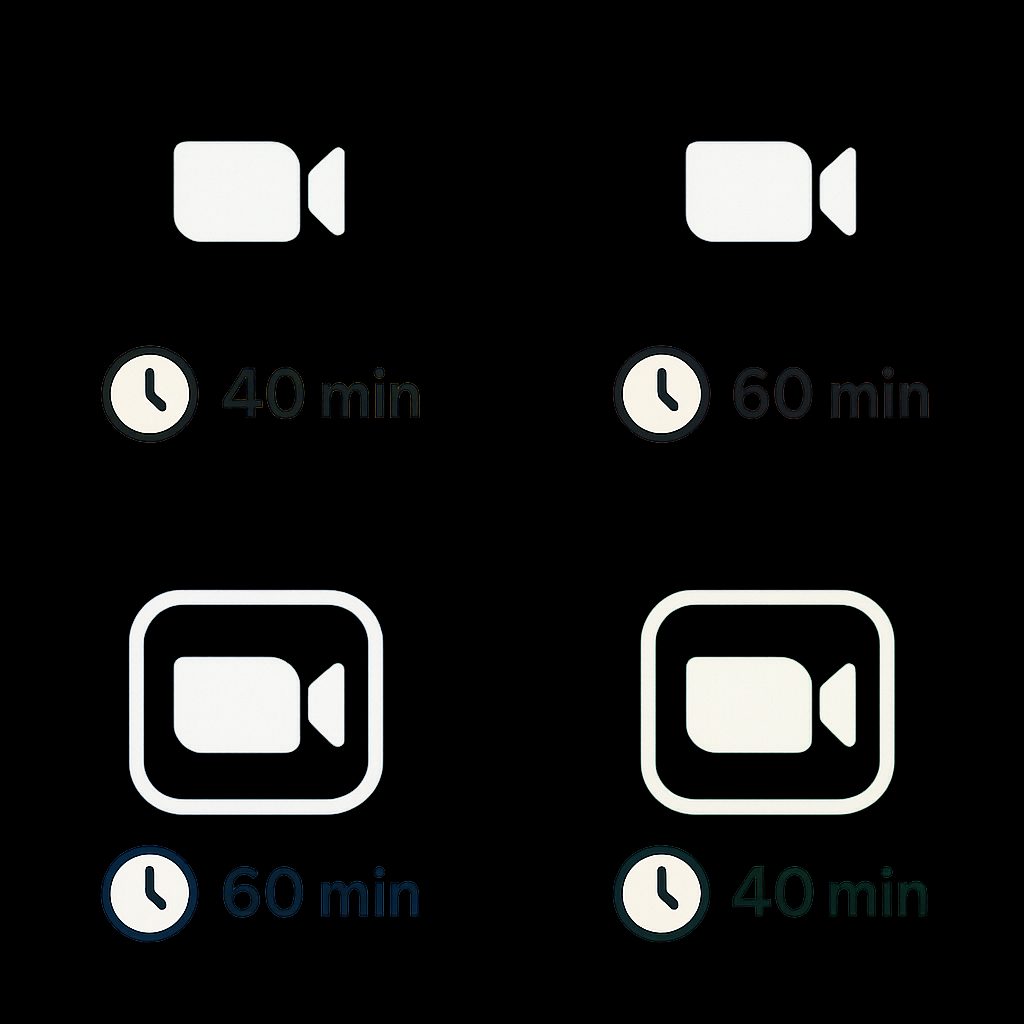 Four meeting app logos that look identical except for a tiny clock reading 40 or 60 minutes underneath each