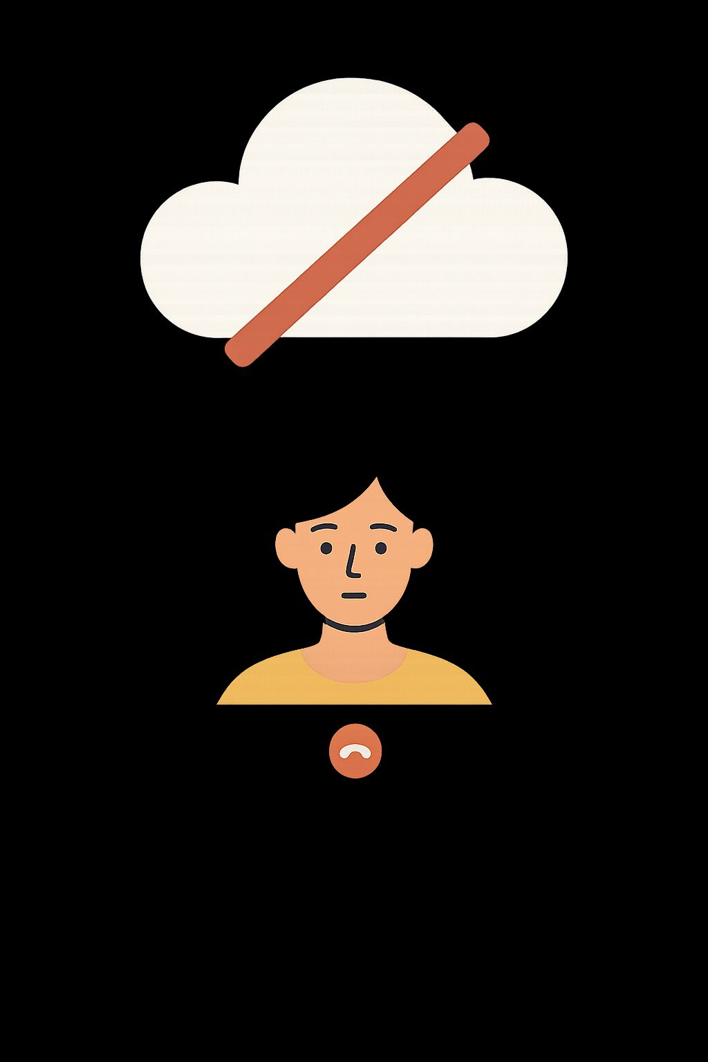 A cloud icon with a red slash through it hovering over a laptop, the recording button grayed out