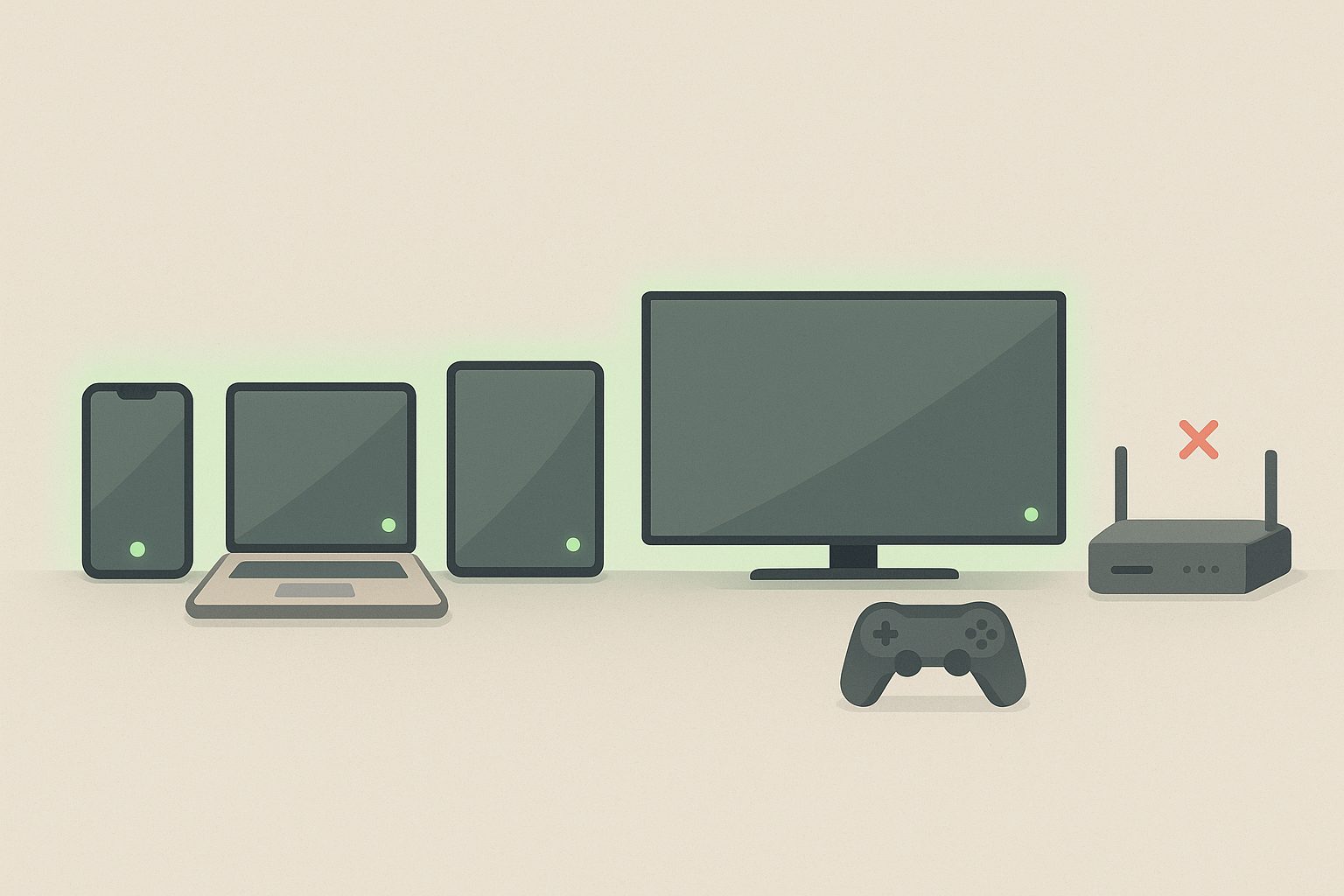 Six devices in a row — phone, laptop, tablet, smart TV, console, and router — five glowing green while the sixth sits grey and crossed out