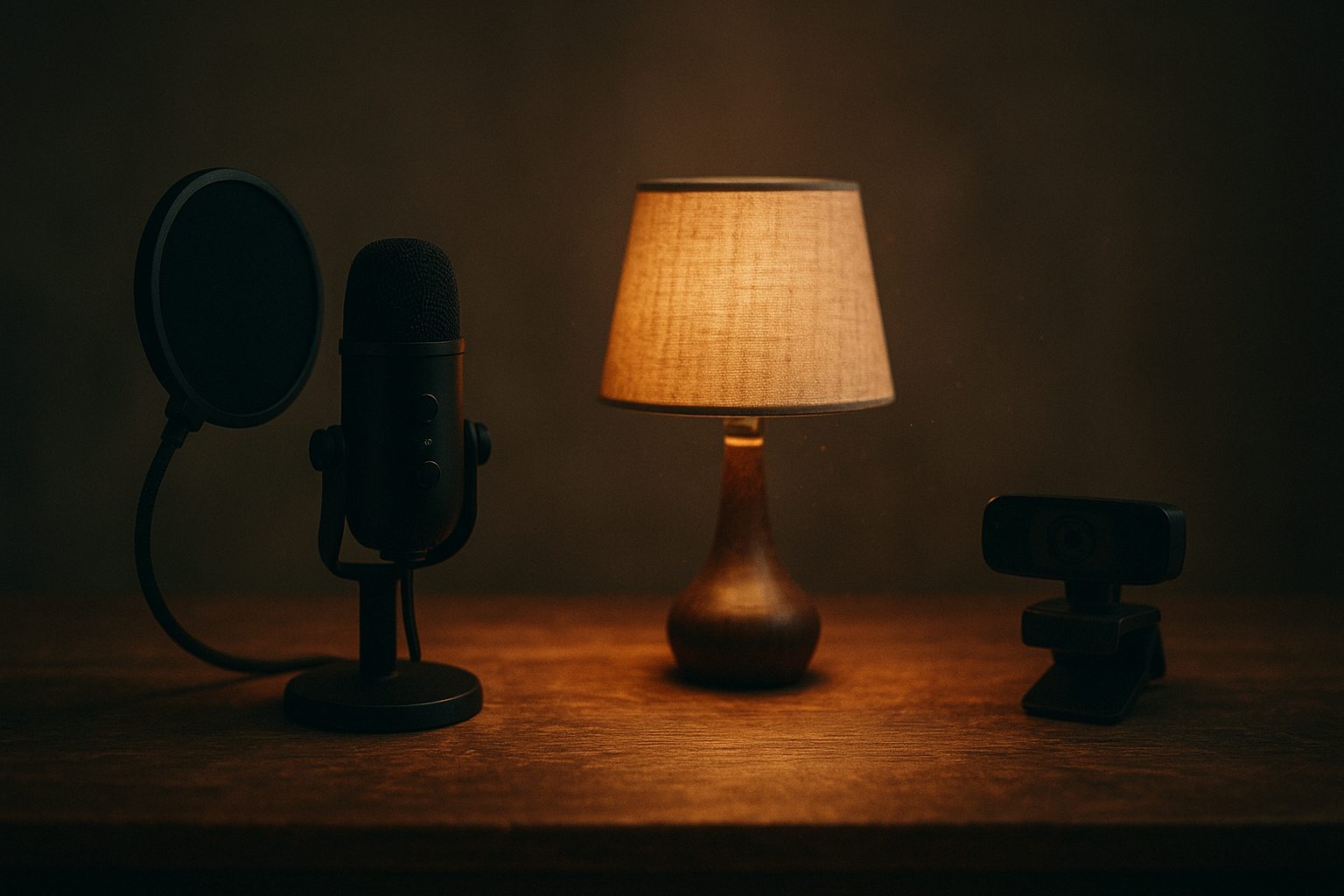 a webcam, a desk lamp, and a small microphone lined up on a desk with the lamp and microphone lit up warmly while the webcam sits dim and unremarkable