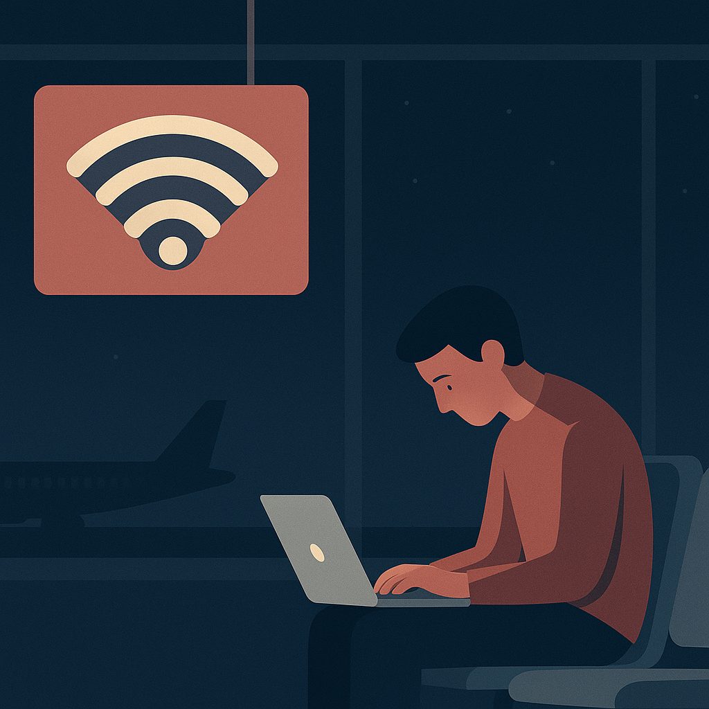 A traveler at an airport gate with a laptop, the public Wi-Fi sign behind them looking like a pair of eyes watching the screen