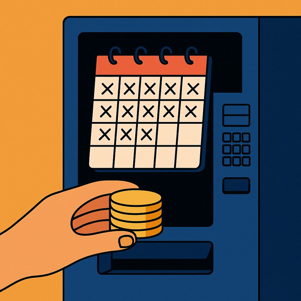A hand passing a stack of coins into a vending machine showing a full year crossed out on its display
