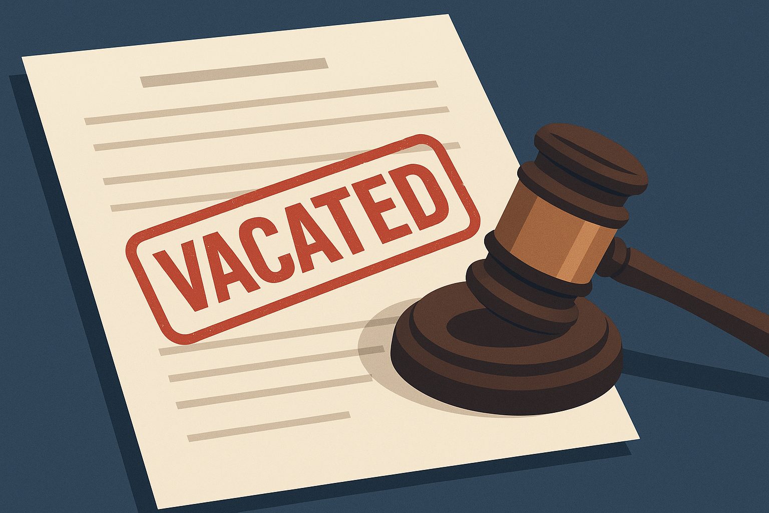 a legal document headed “Click to Cancel” with a large red stamp reading “VACATED” across it and a wooden gavel resting on the corner